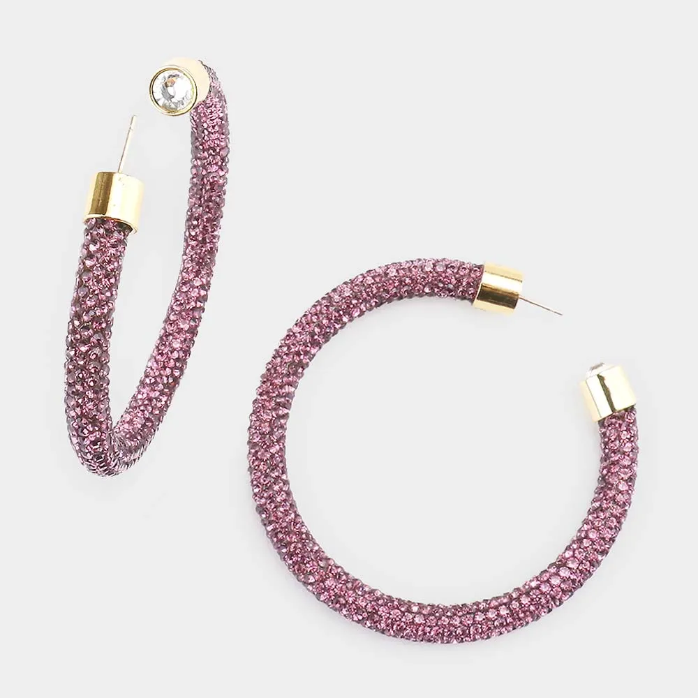 Amethyst Rhinestone Half Hoop Earrings | 2.5" | 482474