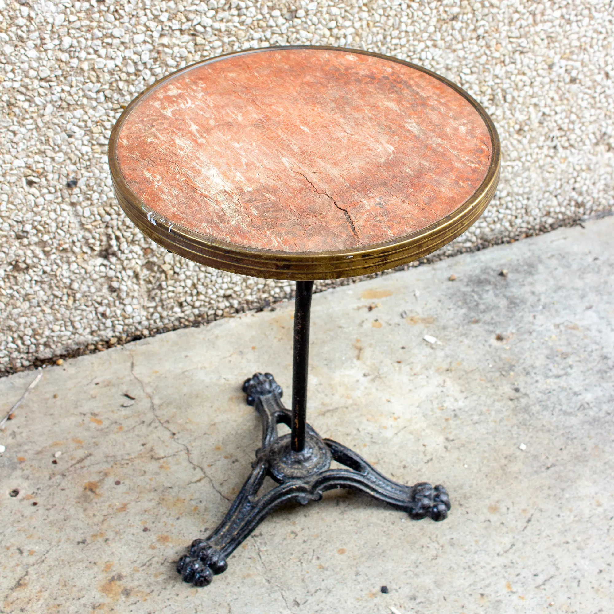 Antique French Iron Bistro Table with Distressed Leather Top