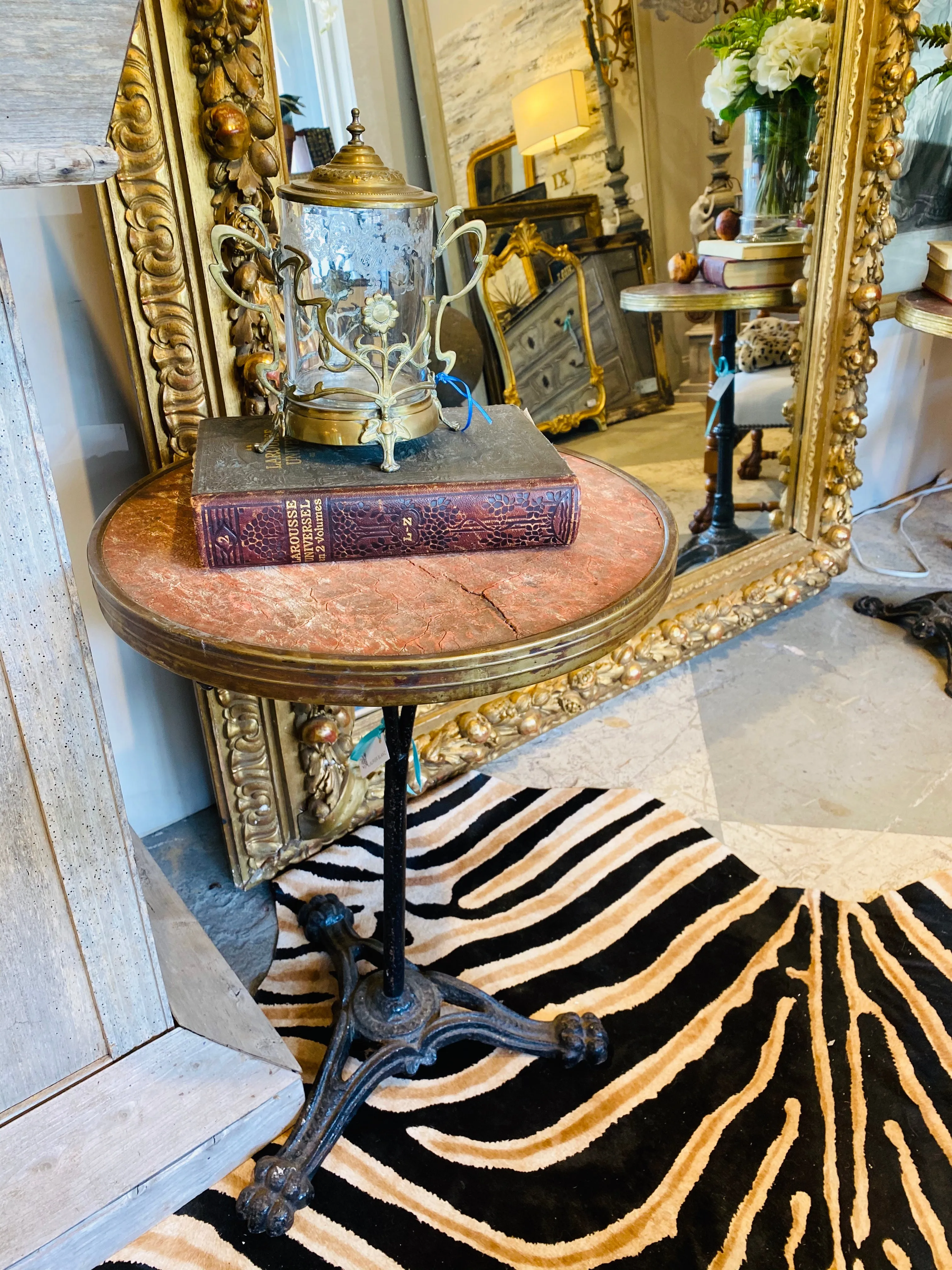 Antique French Iron Bistro Table with Distressed Leather Top