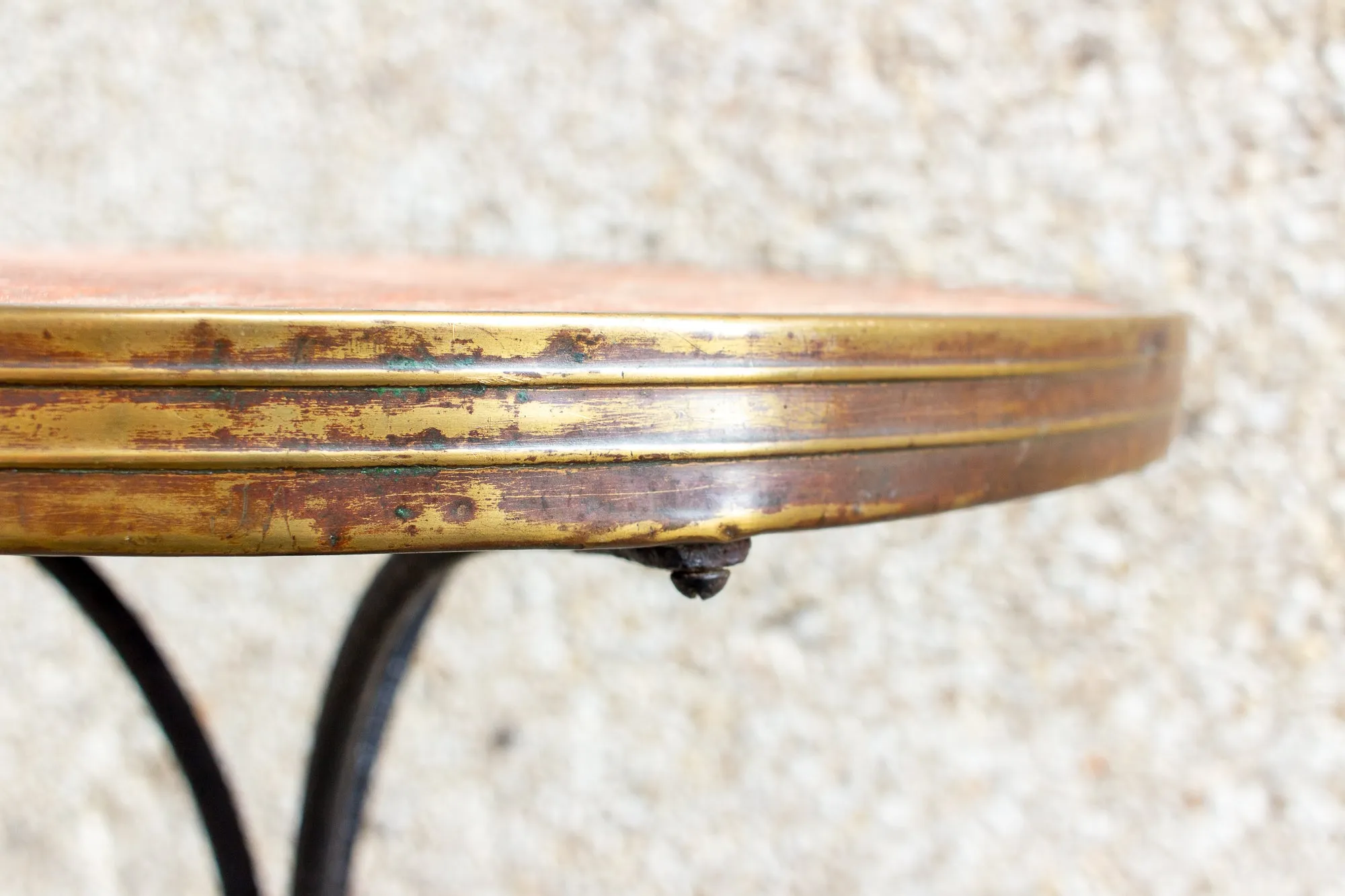 Antique French Iron Bistro Table with Distressed Leather Top