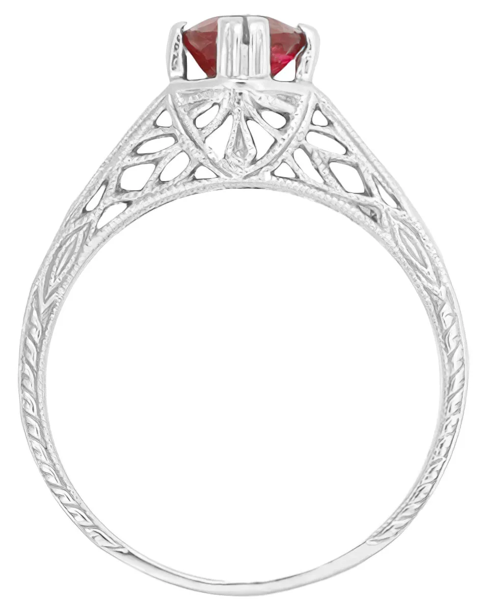 Art Deco Ashford Filigree Ruby Birthstone Engagement Ring in 14 Karat White Gold