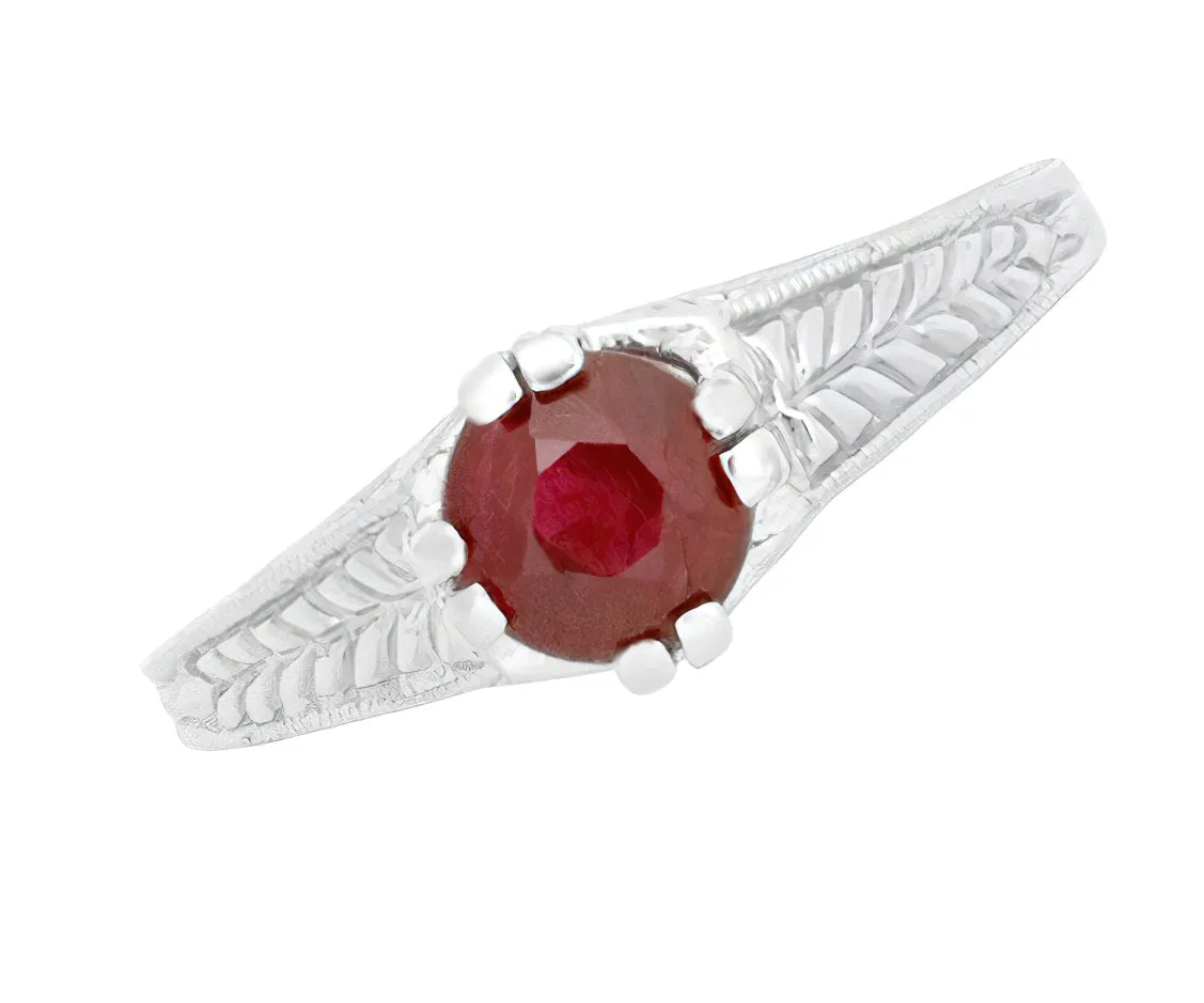 Art Deco Ashford Filigree Ruby Birthstone Engagement Ring in 14 Karat White Gold