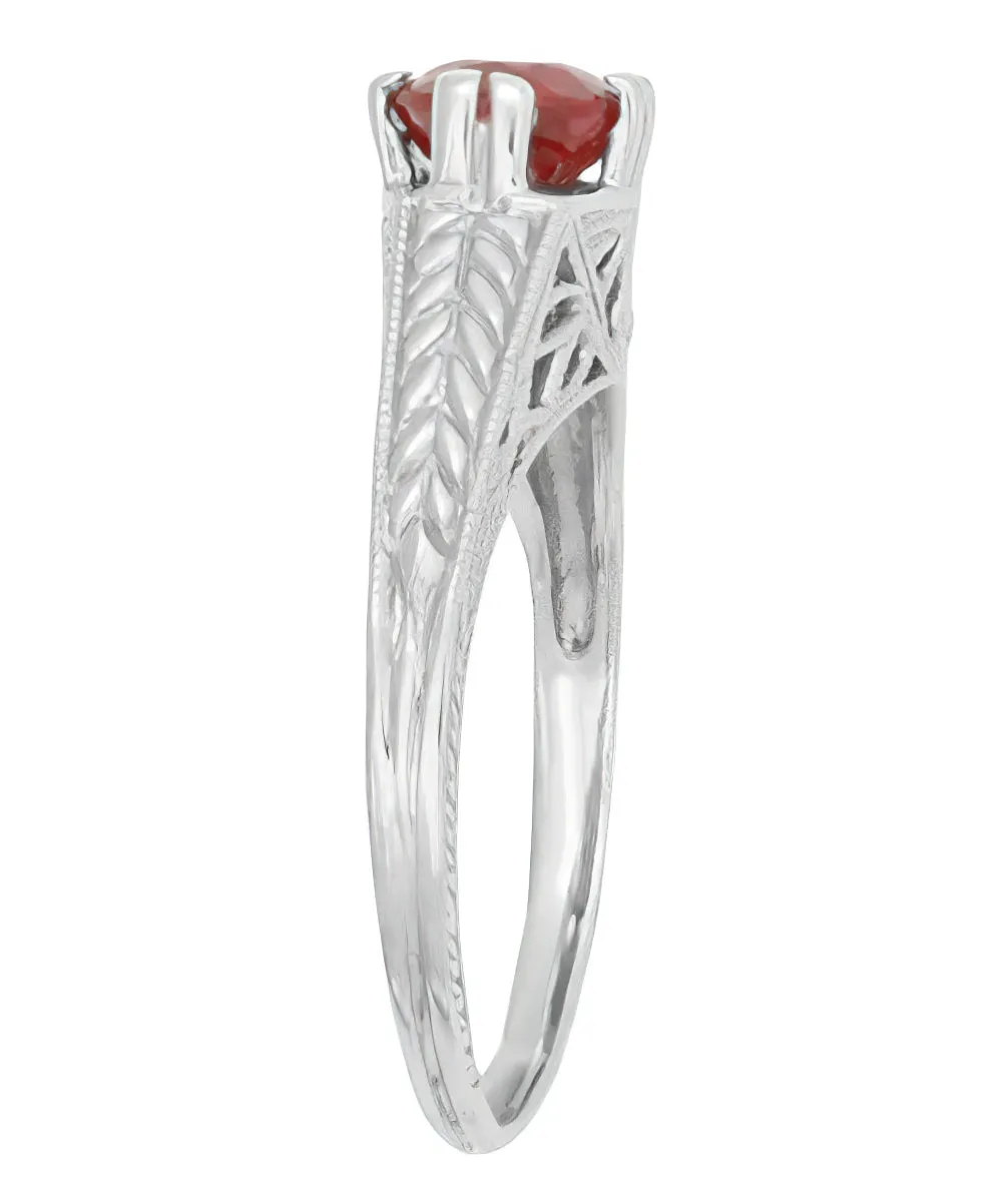 Art Deco Ashford Filigree Ruby Birthstone Engagement Ring in 14 Karat White Gold