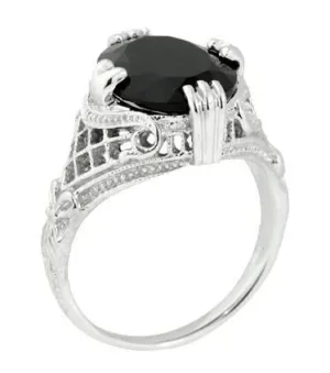 Art Deco Filigree Oval Black Onyx Ring in 14 Karat White Gold