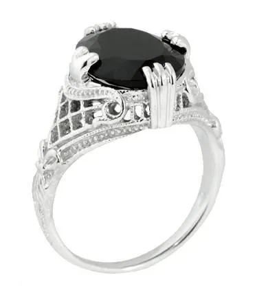 Art Deco Filigree Oval Black Onyx Ring in 14 Karat White Gold