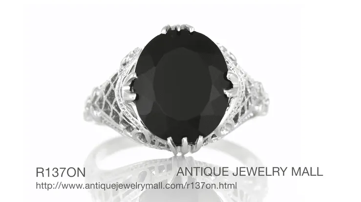 Art Deco Filigree Oval Black Onyx Ring in 14 Karat White Gold