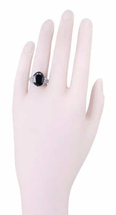 Art Deco Filigree Oval Black Onyx Ring in 14 Karat White Gold