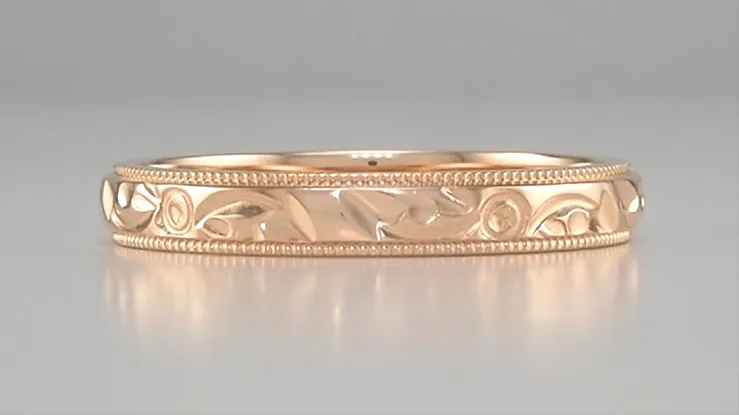 Art Deco Flowers and Leaves Millgrain Edge Carved Wedding Band in 14 Karat Rose ( Pink ) Gold