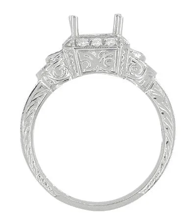 Art Deco Sapphire and Diamonds Engraved Wheat and Scrolls Engagement Ring Setting in Platinum
