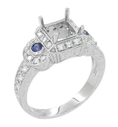Art Deco Sapphire and Diamonds Engraved Wheat and Scrolls Engagement Ring Setting in Platinum