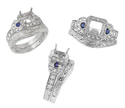 Art Deco Sapphire and Diamonds Engraved Wheat and Scrolls Engagement Ring Setting in Platinum