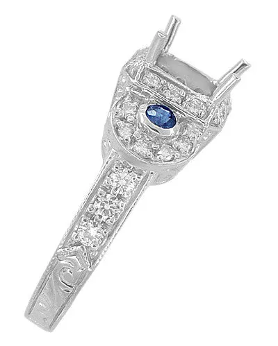 Art Deco Sapphire and Diamonds Engraved Wheat and Scrolls Engagement Ring Setting in Platinum