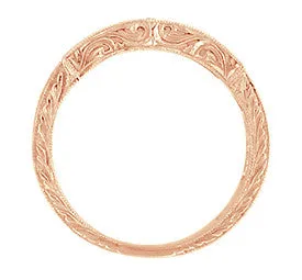 Art Deco Scrolls Engraved Diamond Wedding Ring in 14 Karat Rose Gold ( Pink Gold )