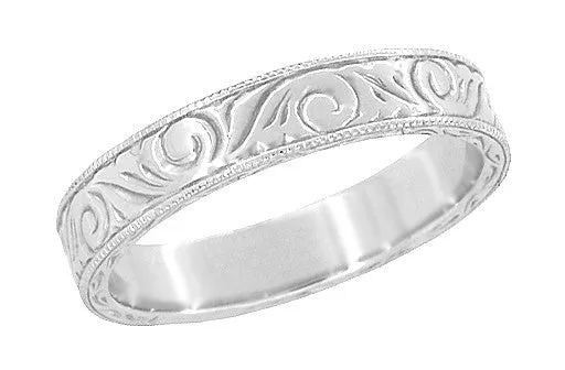 Art Deco Scrolls Engraved Wedding Band in Sterling Silver - 4mm Wide
