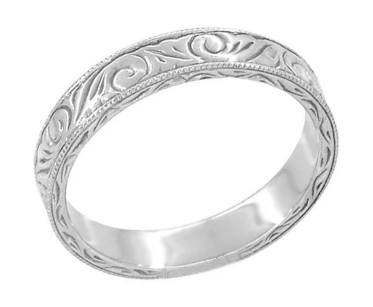 Art Deco Scrolls Engraved Wedding Band in Sterling Silver - 4mm Wide