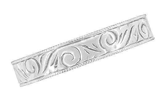Art Deco Scrolls Engraved Wedding Band in Sterling Silver - 4mm Wide
