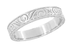 Art Deco Scrolls Engraved Wedding Band in Sterling Silver - 4mm Wide