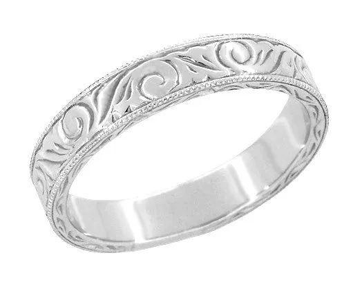 Art Deco Scrolls Engraved Wedding Band in Sterling Silver - 4mm Wide
