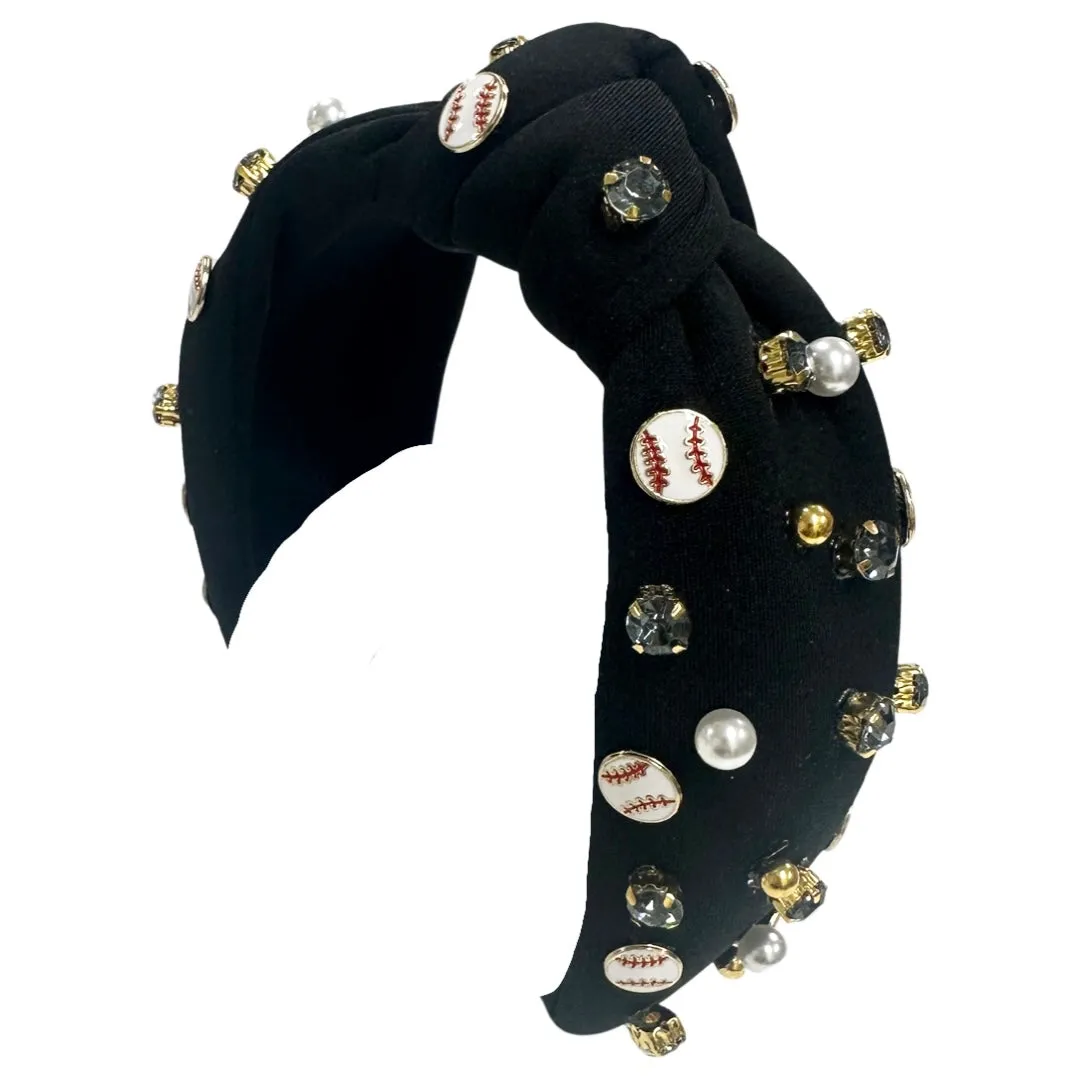Baseball Rhinestone Knot Headband - Black