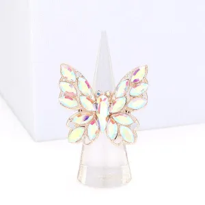 Butterfly Aurora Borealis Rhinestone Rose Gold Stretch Ring