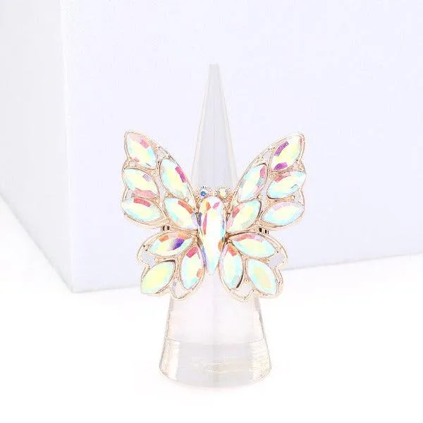 Butterfly Aurora Borealis Rhinestone Rose Gold Stretch Ring