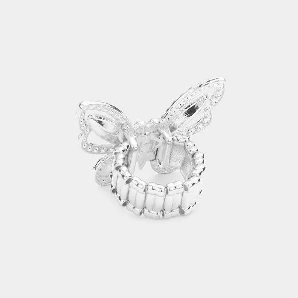 Butterfly Aurora Borealis Rhinestone Silver Stretch Ring