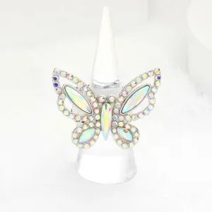 Butterfly Aurora Borealis Rhinestone Silver Stretch Ring