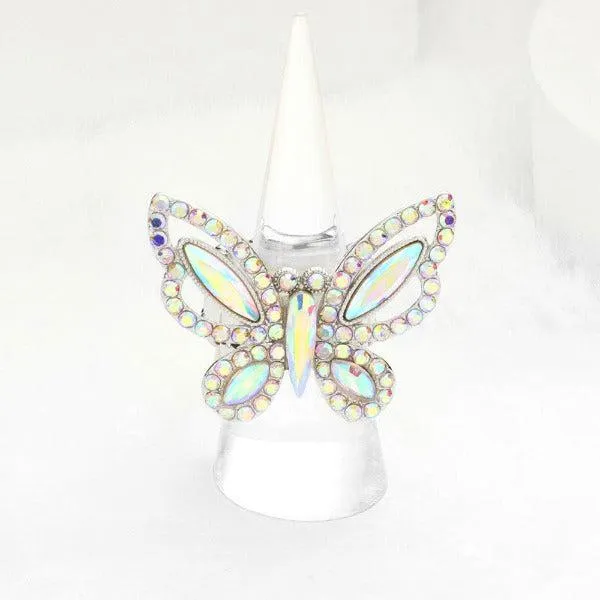 Butterfly Aurora Borealis Rhinestone Silver Stretch Ring