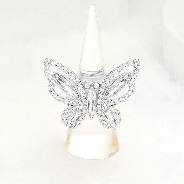 Butterfly Clear Rhinestone Silver Stretch Ring