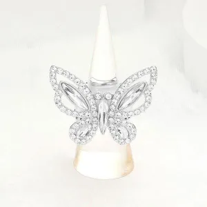 Butterfly Clear Rhinestone Silver Stretch Ring