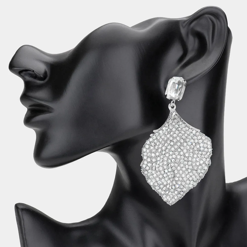 Clear Rhinestone Embellished Fun Fashion Leaf Shaped Earrings | Headshot Earrings |  607509