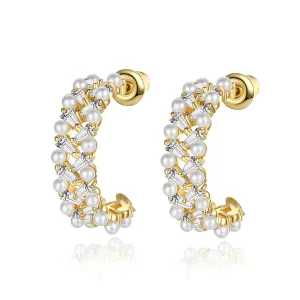 Crystal & Pearl 18K Gold-Plated C-Shape Hoop Earrings