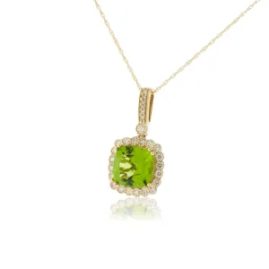Cushion Cut Peridot & Milgrain Style Diamond Halo Pendant