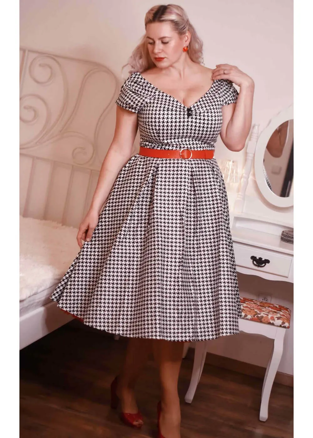 Dolly & Dotty Lily Dogtooth 50's Swing Dress Black White