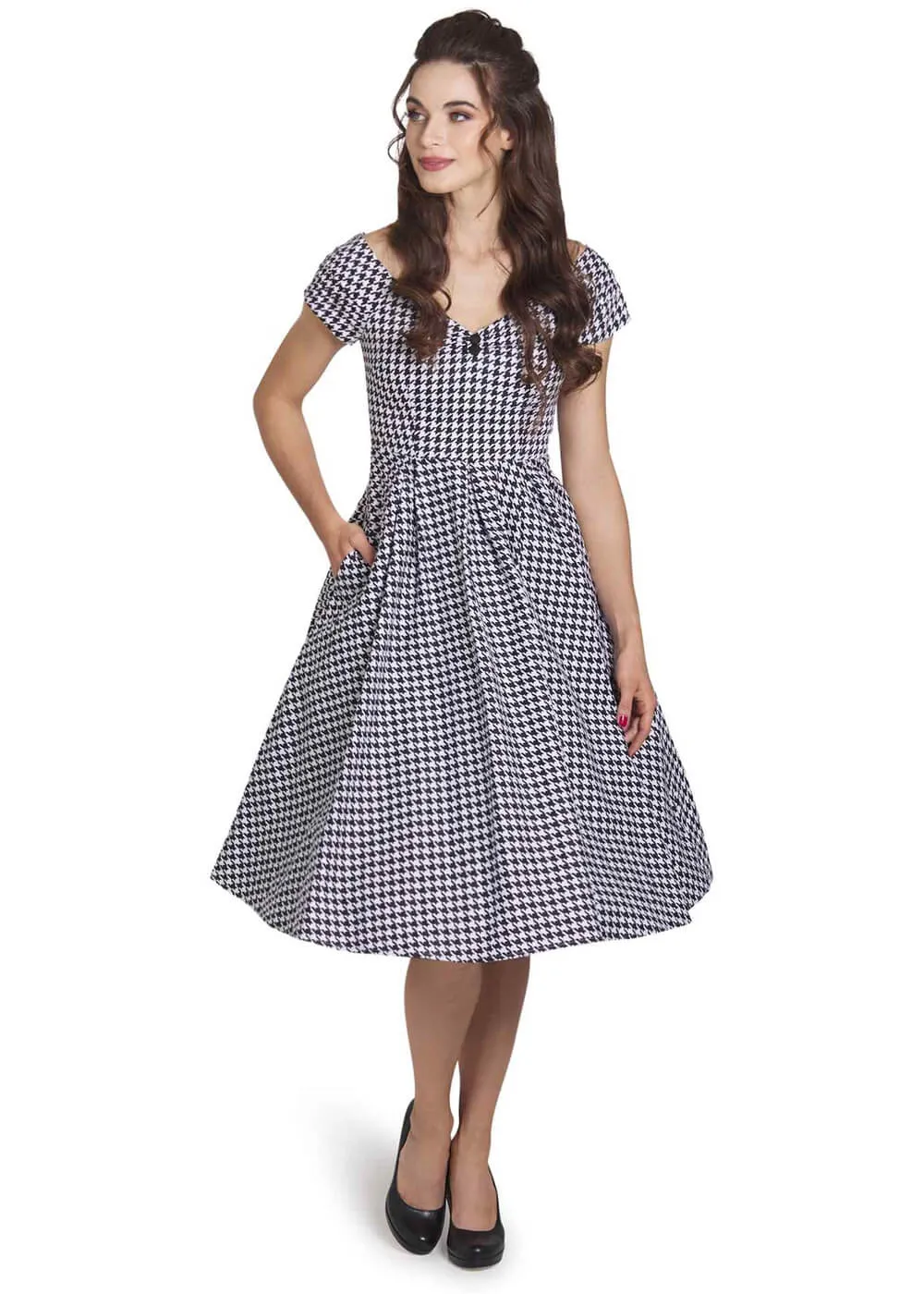 Dolly & Dotty Lily Dogtooth 50's Swing Dress Black White
