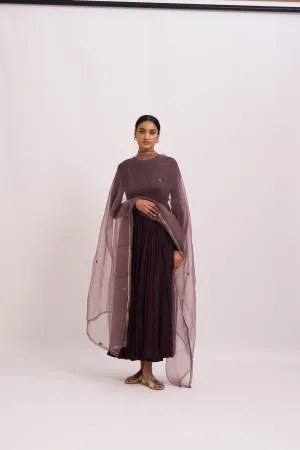 Dot   I   Ghoomar Anarkali Izki with pants and dupatta  organza wine  SS24-D-1