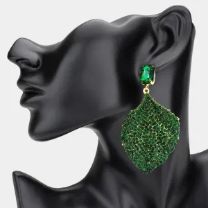 Emerald Rhinestone Embellished Fun Fashion Leaf Shaped Earrings | Headshot Earrings |  607505