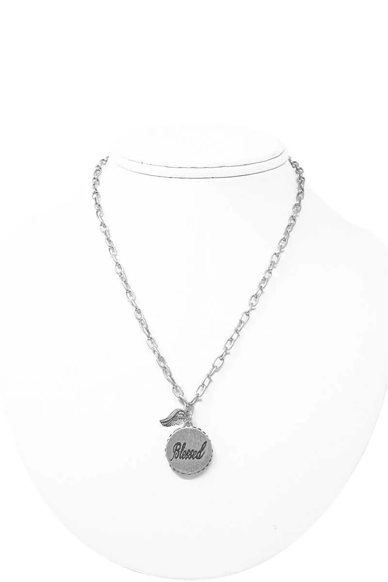 Fashion Side Rhinestone Circle Blessed Pendant And Wing Necklace