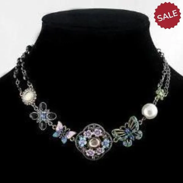 Faux Pearl, Flower, Butterfly Multi-Color Enamel Black Bead Necklace