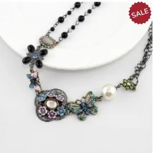 Faux Pearl, Flower, Butterfly Multi-Color Enamel Black Bead Necklace