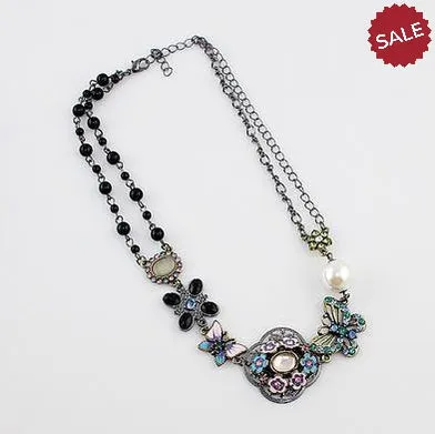 Faux Pearl, Flower, Butterfly Multi-Color Enamel Black Bead Necklace