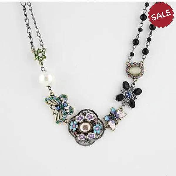 Faux Pearl, Flower, Butterfly Multi-Color Enamel Black Bead Necklace