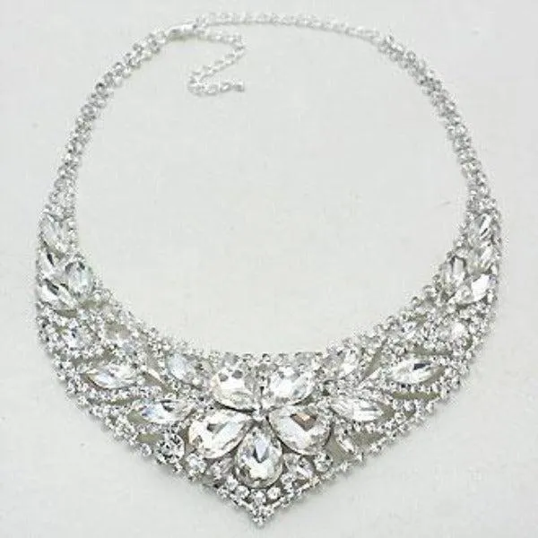 Flower Clear Crystal Rhinestone Evening Necklace