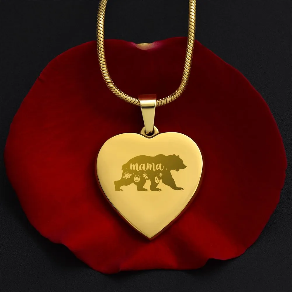 Mama Bear Engraved Heart Necklace With Personalized Message