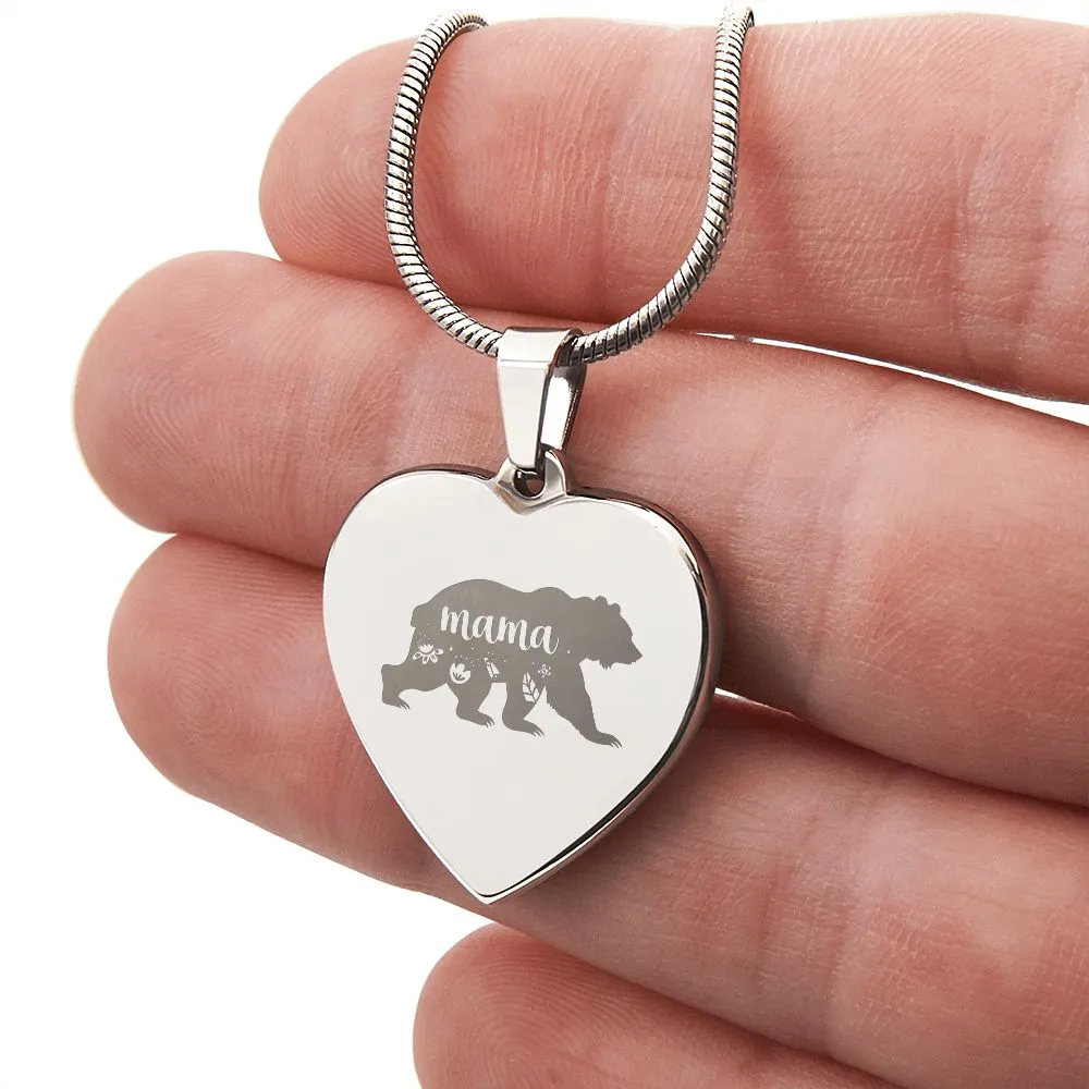 Mama Bear Engraved Heart Necklace With Personalized Message