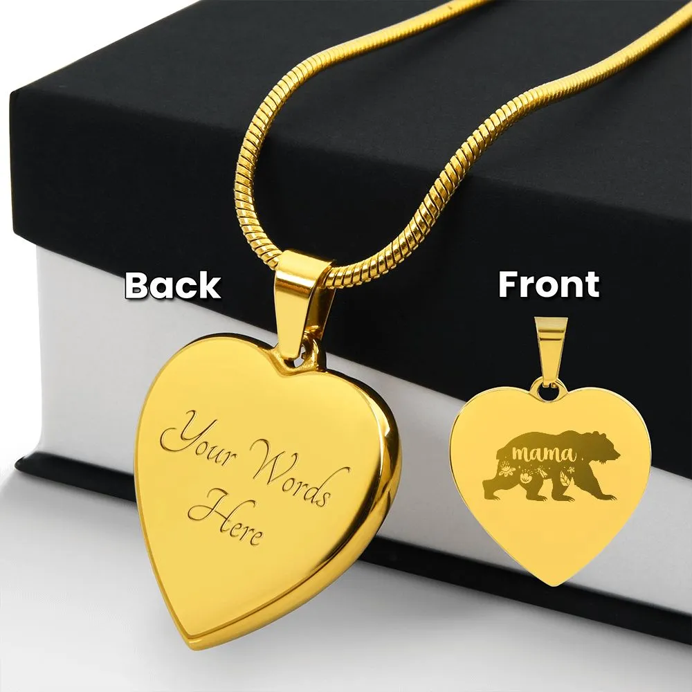 Mama Bear Engraved Heart Necklace With Personalized Message