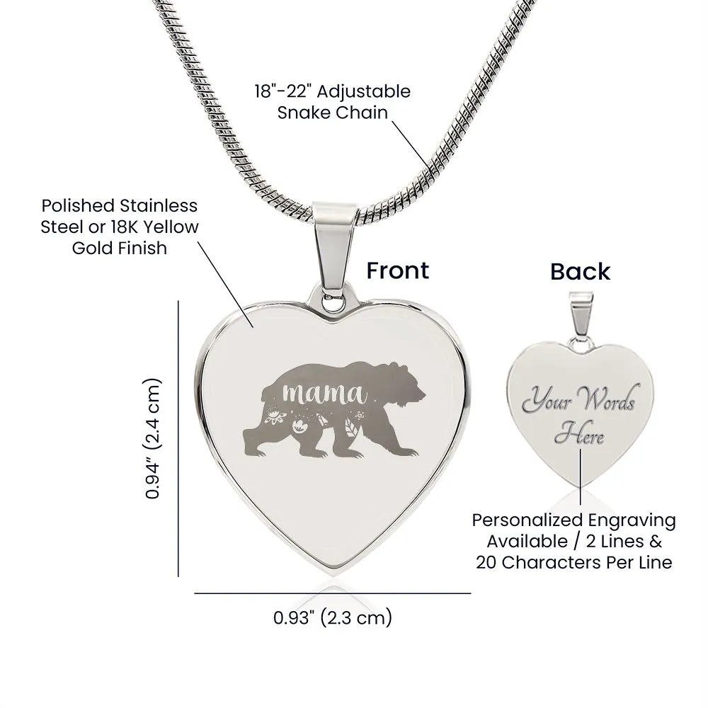 Mama Bear Engraved Heart Necklace With Personalized Message