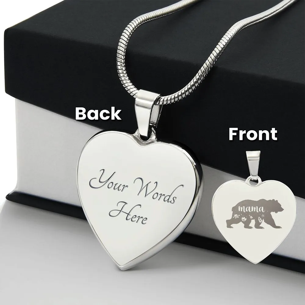 Mama Bear Engraved Heart Necklace With Personalized Message