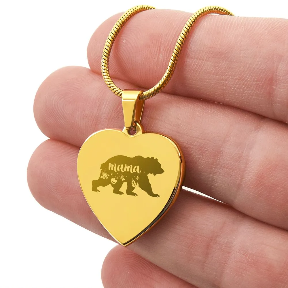 Mama Bear Engraved Heart Necklace With Personalized Message