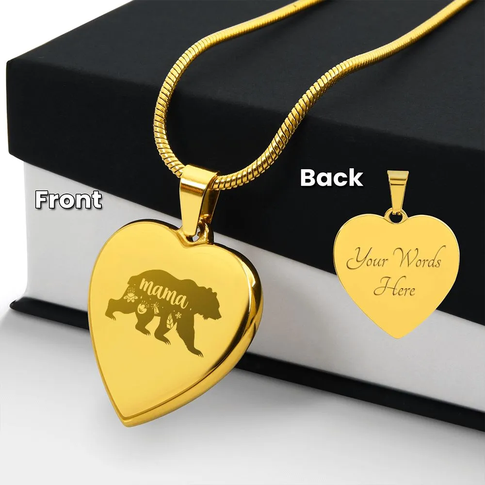 Mama Bear Engraved Heart Necklace With Personalized Message